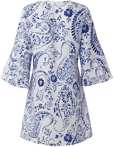 Nokmopo џемпер фустан за жени женски моден темперамент Елегантен печатен V-Neck 3/4 ракави мини фустан