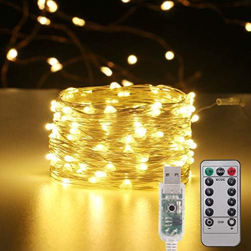 Hannahong 33ft 100 LED Twinkle Fairy String Lights, 8 режими USB напојувано со тајмер за далечински управувач водоотпорен, бакарна жица Firefly Starry Lights за божиќна спална соба двор свадба декор?