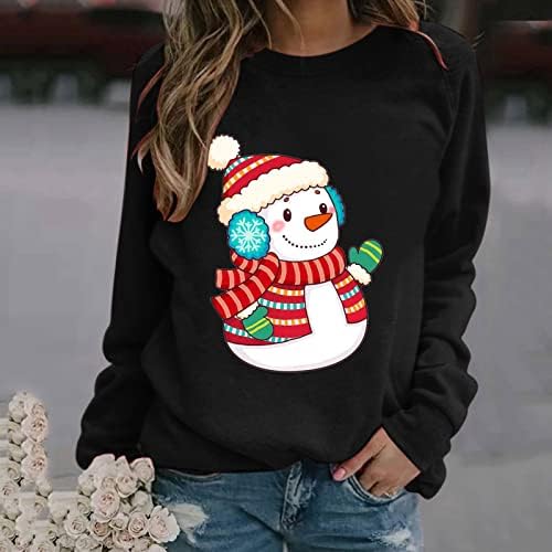 Кошули со долг ракав за жени, Божиќни снежни производи за печатење графички пуловер маици Божиќни обични екипаж на вратот на вратот на
