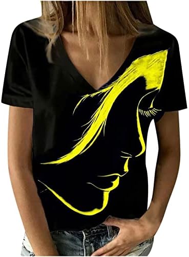 Comigeewa жени со краток ракав блуза во боја блоза Блок Апстрактни графички блузи маички VNECK Spandex Lounge летен есен блуза ДТ