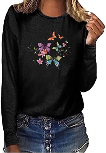 Женска Секојдневна Кошула Со Долги Ракави Симпатична Шарена Пеперутка Графичка Маичка На Екипажот Блуза Лето Опуштено Вклопување Излегување Блузи