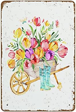 Лаличка градина пролетна wallидна уметност пролетна декор Акварела со количка на колички, цветни, таа пролеа знак новитет ретро метал