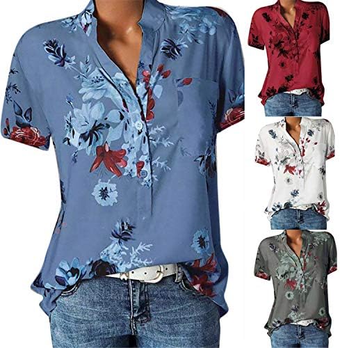 Andongnywell Chaftенски летен летен V-врат копче краток ракав печатен врвови на туники тенок случајна маица копче блузи