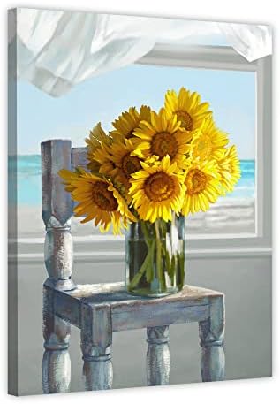Сококе врамена гроздобер сончогледна wallидна уметност, рустикален жолт сончоглед на стол, плажа wallидна уметност фарма куќа платно wallид декор,