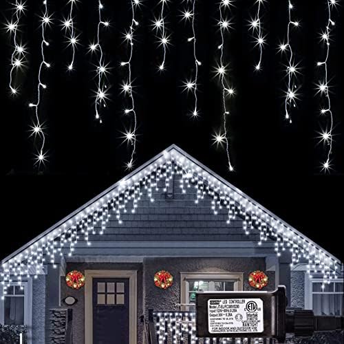 Brightdeck Божиќни светла за лекови 200 LED 38,4 ft 40 капки 8 режими водоотпорни, кул бели Божиќни жици за празници за домашна забава