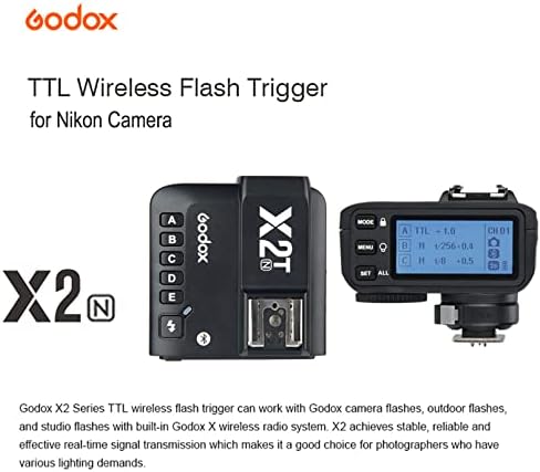 Godox X2T-N TTL TTL безжичен тренер Трансмитер компатибилен за Nikon Camera, 2,4G 1/8000S HSS, LCD дисплеј, брзо заклучување на топло-чевли, 5 одделни копчиња за групи за да се реализира бр?