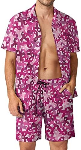 Свесност за рак на розова лента за рак на дојка мажи 2 парчиња Хавајски постави копче-долу лабава фит маици кошули панталони за плажа