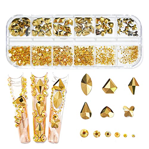 735 парчиња златни нокти Rhinestones за акрилни нокти златни камења за нокти кристали 3Д нокти дијаманти за занаети за украсување на