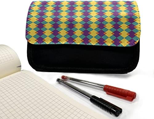 Зачудувачки геометриски куќиште со молив, шарени ромби, торба со молив со ткаенини со двоен патент, 8,5 x 5,5, темна морска вода виолетова и сенф