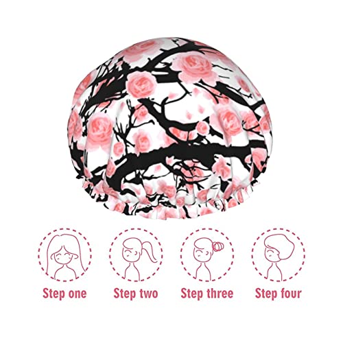 Womenените што можат да се користат затегнати полите, капачето за коса цвет, розово цреша цвет со двојни слоеви водоотпорна капа за бања за туширање