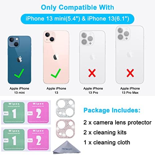 [2 пакет] Заштитник на леќи за леќи за камера за iPhone 13 6,1 инчи, за iPhone 13 мини 5,4 инчи, сјајни дијамантски метални леќи за декорација