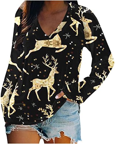 Womenените Туника врвови симпатична Божиќна снежна печатење плетенка V вратот со долг ракав блуза дама маица врвни женски врвови кошула блуза