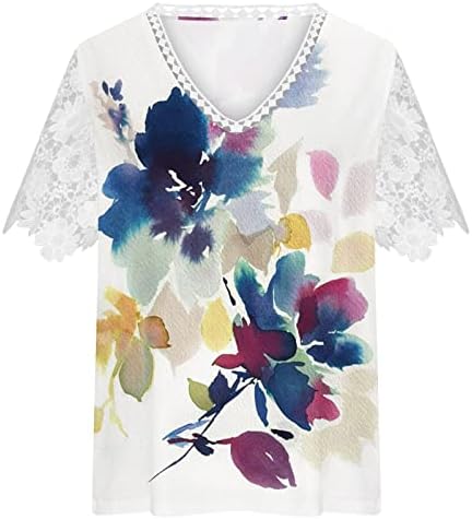 2023 женски чипка кратки ракави врвови од капчиња чипка трим V вратот летни кошули со туники цветни печатени фустани обични блузи