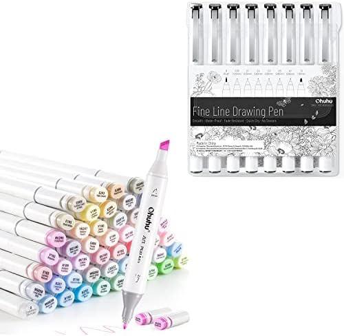 Охуху пастелни маркери 48 бои маркери за алкохол двојно врзани лежери и фини финели за цртање пенкало, сет од 8 пакувања ултра фини маркери за цртање
