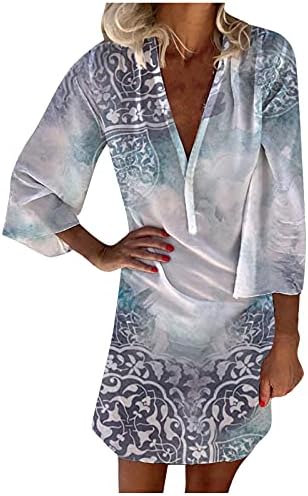 FMCHICO женски обични бохо V вратот 3/4 ракави кошули лабави блузи врвови на тунични фустани