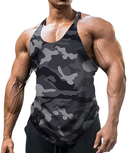 Стоута машка резервоар без ракави врвови на екипаж камуфлажа печати лабава вклопена маица, летен мускул на отворено спортско фитнес кошула