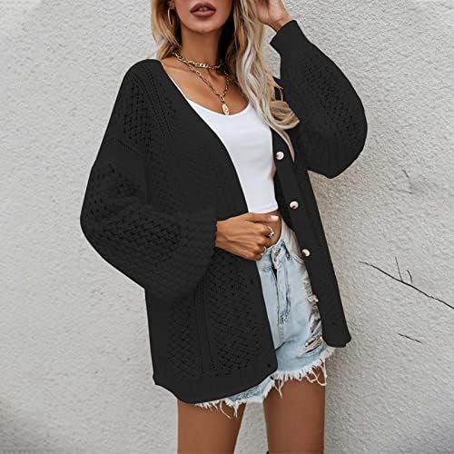 Xipcokm cardigan џемпер за жени вкоренети со капчиња плетени долги ракави отворени предни џемпери за надворешна облека цврста боја лабава клетка