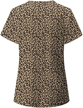 Обичен Краток Ракав Жени Леопард Печатење Краток Ракав V Вратот Работна Облека Маица Врвот Блуза Со Џебови Жени