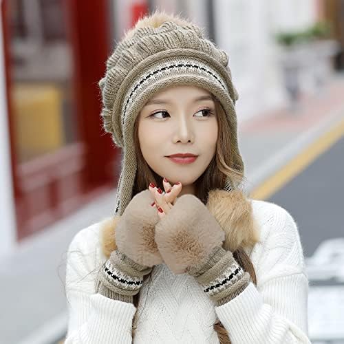 Bellady жени плетени зимски скијачки капа со капаче со ракави за ракавици за ракави