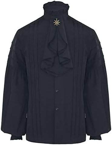 Црна средновековна кошула мажи машки готски гроздобер дворци стојат јака по полите долги ракави мафта за ракав блуза