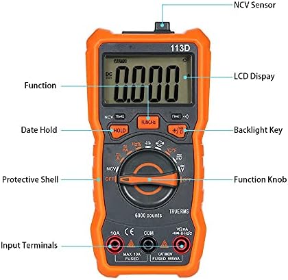 UOEIDOSB RM113D NCV дигитален мултиметар 6000 брои автоматски опсег на напон на напон на AC/DC, светло светло светло Голем екран