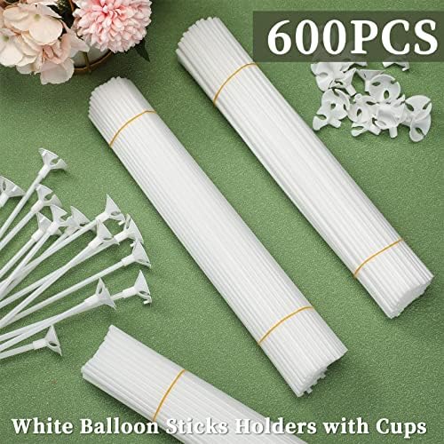 600 Парчиња Бели Пластични Балонски Стапчиња Со Чаши, Држач За Балон За Повеќекратна Употреба За Држач За Балон Роденден Божиќна Забава Свадба