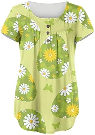 Women'sенски врвови плус големина Скриј стомак Туника 2023 летни маици со краток ракав, Хенли, симпатични маици, облечени обични блузи