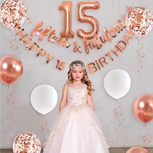 Розово Злато Петнаесет &засилувач; Прекрасен Среќен 15-Ти Роденден Банер Венец Фолија Балон 15 За Девојки 15-Ти Роденден Украси Виси