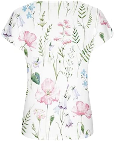 Женски кошули летна обична екипа на вратот од вратот од кратки ракави со кратки ракави, слатки цветни печатени фустани лабава блуза