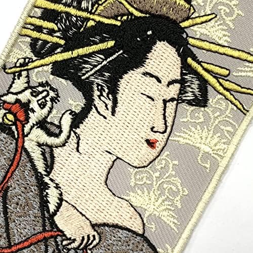 A-One 2 PCS Pack- Geisha извезена лепенка+јапонска знаме брош, јапонски женски портрет значка, закрпи за додатоци за DIY, Geisha Patch, совршена за јакни со фармерки, шијте на железо н