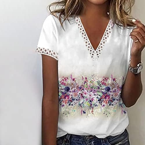 Дами 2023 година Краток ракав VNECK чипка памук цвет графички обичен блуза летен есен маица за тинејџери 7f