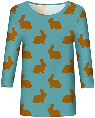 Велигденски кошули за велигденски маички за жени 3/4 ракави за жени, за зајаци, за да се печати случајна модна екипа на вратот на вратот на вратот