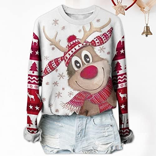 Christmasенска Божиќна врвна симпатична печатена маица со долги ракави со ракав, обичен тркалезен врат џемпер, лабава удобна блуза
