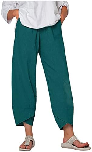 Mackneog со високи половини женски капри панталони за летна лесна лесна цврста боја обична лабава лабава капри панталони широки нозе постелнина