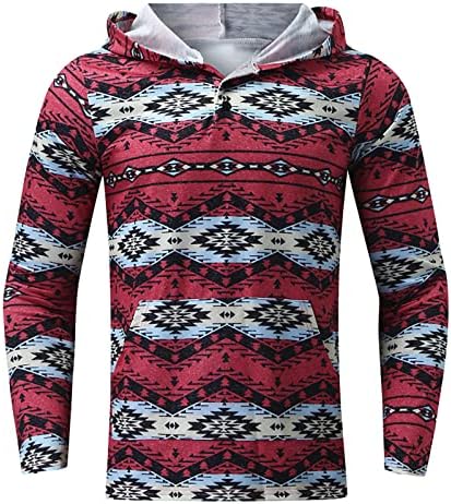 Pullover Xiaxogool Men's Pullover Western Aztec лесен џемпер со кенгур џеб гроздобер етнички дизајн дуксери