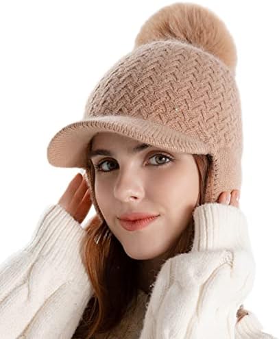 Womenените зимски гравчиња плетени капи, визир, топло увото капаче, руно, наредено капаче со помпом