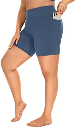 Маринавида плус големина на велосипедисти шорцеви со џебови 6 Inseam за жени со високи половини за велосипедисти за велосипедисти и јога шорцеви 3x/4x/5x