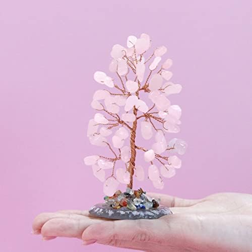 Роуз кварц заздравува кристално дрво на животот Природно скапоцен камен агат парче база бакарна жица завиткана пари дрвја feng