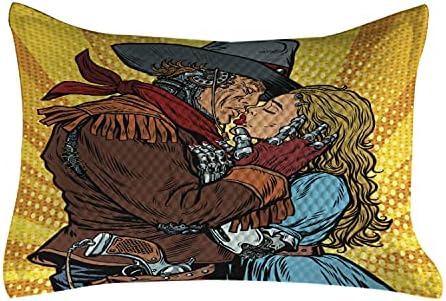 Ambesonne Western Quilted Pemowcover, Steampunk роботи западен стил каубојски бакнежи на девојчето илустрација печатење, стандарден капакот на