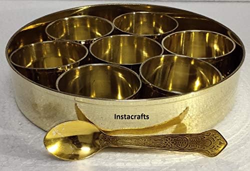 Instacrafts рачно изработен златен цветен месинг за зачин/масала кутија сет, масала Дани, дијаметар на кутија- 7 инчи, капацитет- 40 ml секој