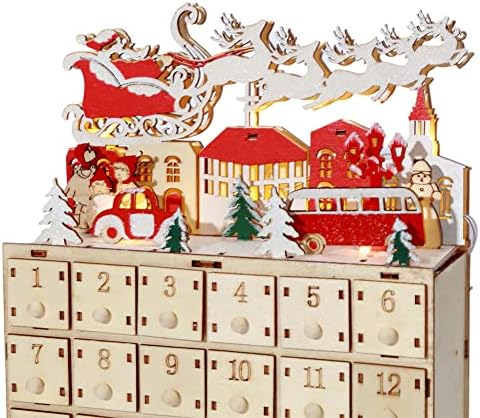 Иствита Божиќен Дрвен Календар За Доаѓање со 24 Фиоки за Складирање И Led Светла, Одбројување До Божиќ Дома Дрвени Украси Декорација