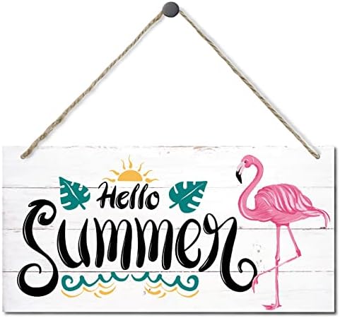 Здраво лето декор за знаци на фламинго, виси дрво знак дома декоративен, печатен знак за уметност од дрво, знак за рустикален