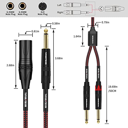 TimeYES 10FT XLR до 6,35 mm кабел - двоен 1/4 инчен маж до XLR 3 -пински машки кабел за микрофон - XLR до двоен 6,35 mm Ts Y -Splitter адаптер - двојно 1/4 '' TS до XLR Небалансиран микро -кабел - 3м