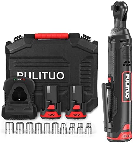 Pulituo безжичен електричен клуч за стружење 3/8 , комплет за алатки за напојување 12V напојување 40 ft.lbs MAX вртежен момент со 2-пакети 2000mAh литиум-јонски батерии, 45 мин. Брз п?