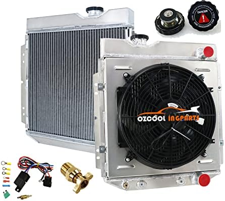 OzCoolingParts 4 Ред Јадро Целосна Алуминиум TR259 Радијатор + 14 вентилатор w/Покровот + Термостат/Реле Жица Комплет за 1963-1966