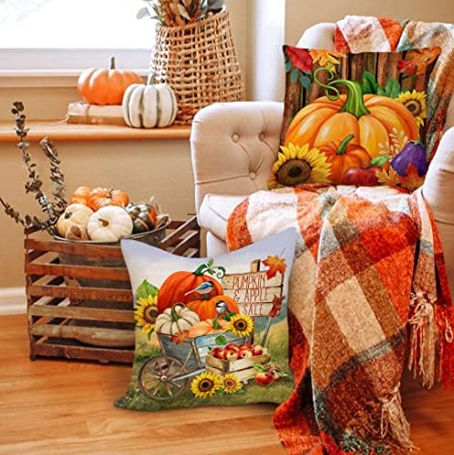 4 -та емоција за есенски декорар покрива 18x18 сет од 4 украси од фарма од тиква, среќна есен гном јаболка сончоглед камион фрли перниче за перница