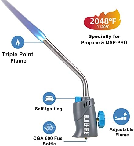 BlueFire MRS-7014B активирање на активирање на заварување на гас Глава за факел за пропан и мапа про гориво+12 стапчиња 1/2 lb ниска температура