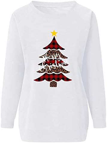 Женски Божиќни туники врвови мода 2023 година Нова Година со долги ракави екипи џемпери Гроздобер карирани маички за Божиќни дрвја