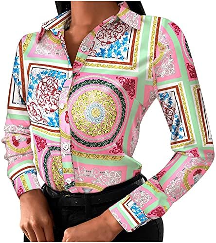 Женски шарени блузи од туника, со копчиња со долги ракави кошула, цветни печати облеки, лабава јака секси маици