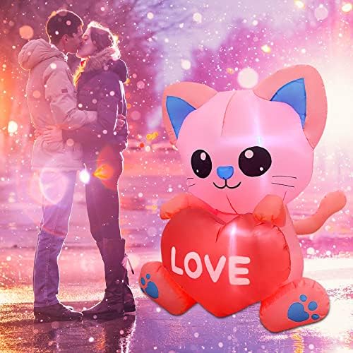 Comin Day Valentines Day Inflatables Cat 4 ft со срцеви украси на отворено, Денот на вineубените разнесени дворни декорации Валентин подарок